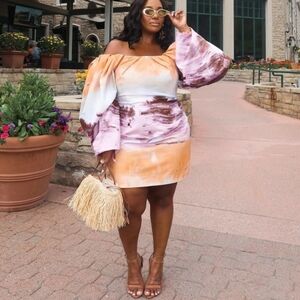 ASOS EDITION structured off the shoulder mini dress in sunset print